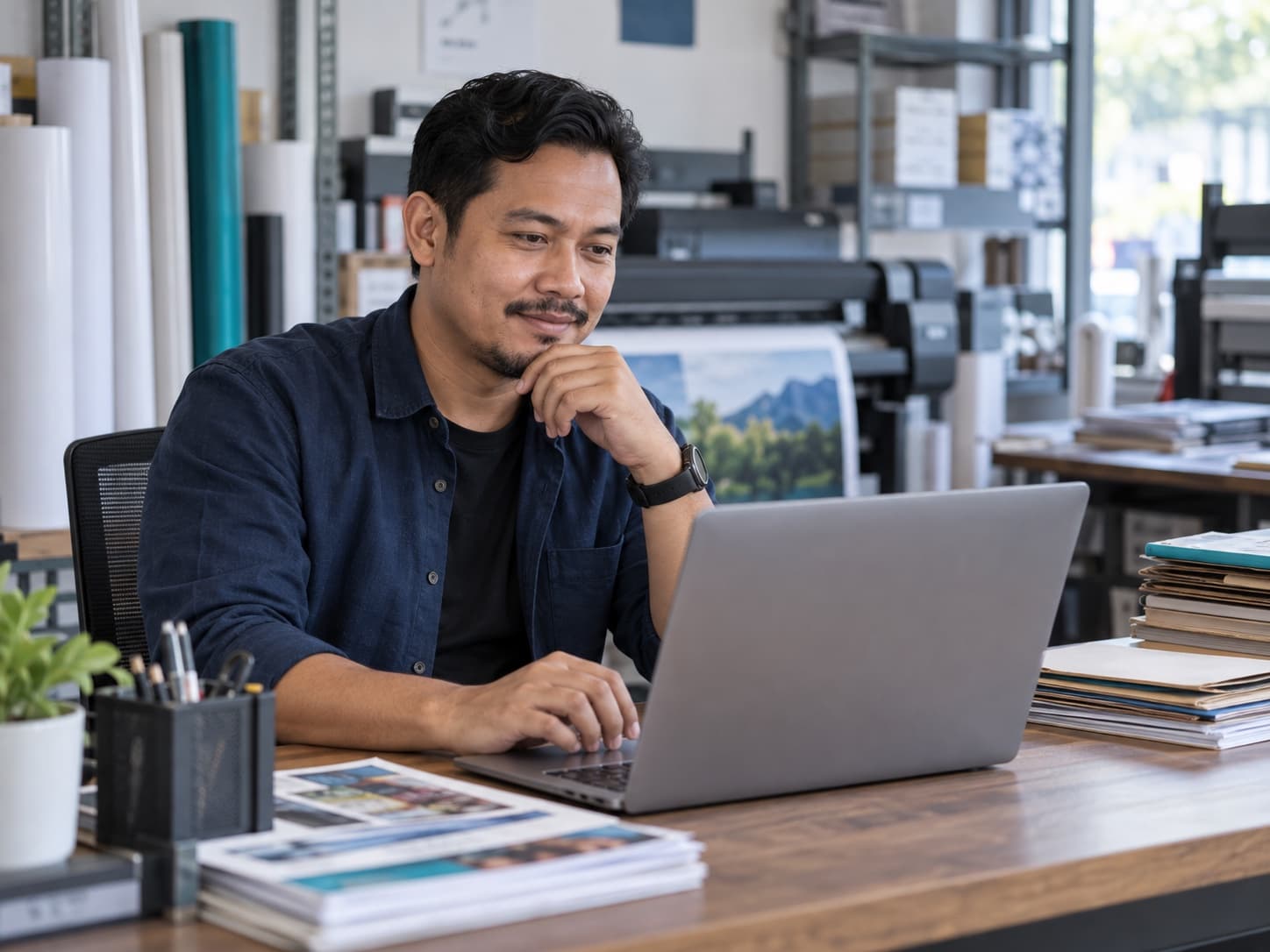 Pemilik percetakan Indonesia memantau bisnis dari laptop di ruang kerja percetakan